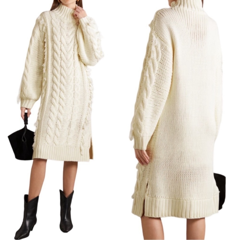 Farm Rio Fringed Cable Knit Midi Sweater Dress Off White Size Medium NWT - Picture 4 of 7